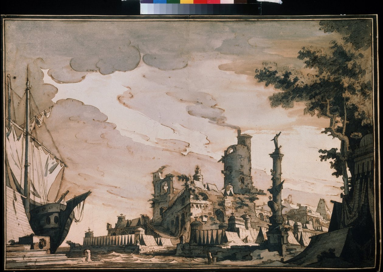「港の眺め」劇場の装飾。 ピエトロ ディ ゴッタルド ゴンザガ (1751-1831) による水彩画 (1818 年)。紙に水彩画とインク。 モスクワ、プーシキン美術館 作： ピエトロ・ゴンザーガ