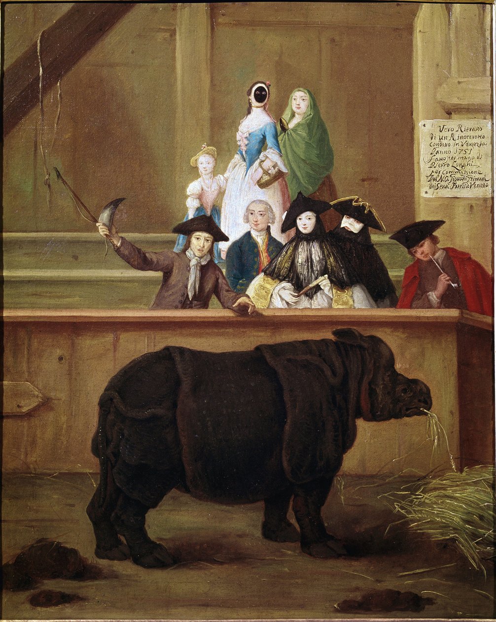 犀：クララ、インドサイの展示。ピエトロ・ロンギ（1702-1785）の絵画。1751.18世紀のヴェネツィアの美術館。カ・レッツォーニコ、ヴェネツィア 作： ピエトロ・ロンギ
