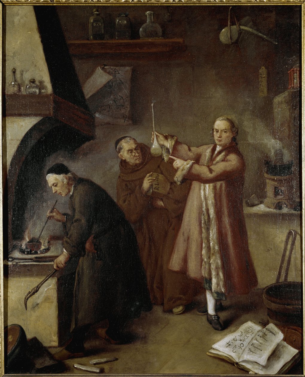 錬金術師の研究室。ピエトロ・ロンギ（1702-1785）の絵画 ヴェネツィア、パラッツォ・カ・レッツォーニコ博物館 作： ピエトロ・ロンギ