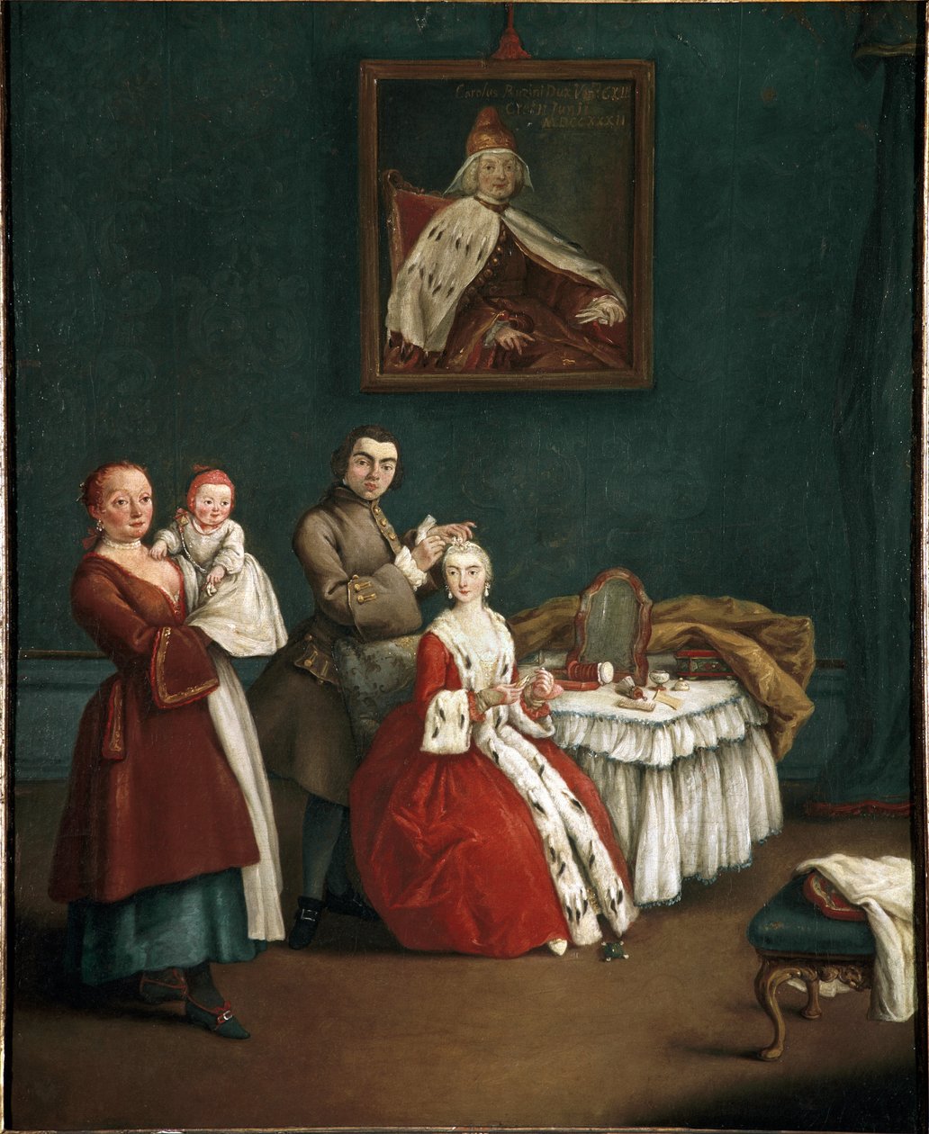 髪結い（The hairdresser） ピエトロ・ロンギ（1701-1785）の絵画 1760年 薄暗い 63x51 cm ヴェネツィア、カ