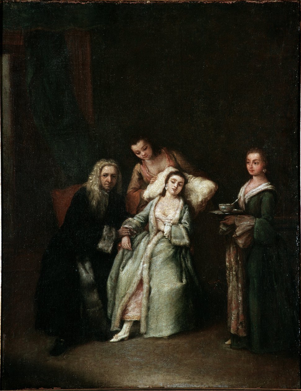 病婦 病人の脈を取る医師の訪問 ピエトロ・ロンギ（1702-1785）による絵画 1741年 薄暗い 52x41 cm ヴェネツィア、カ・レッツォーニコ、n 134 作： ピエトロ・ロンギ