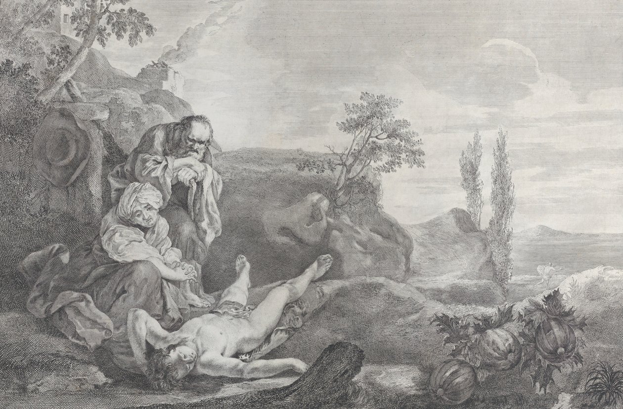 左のアダムとイブは、老夫婦として、横たわっているアベルの死体を悼んでいます..., 1743-63. 作： ピエトロモナコ