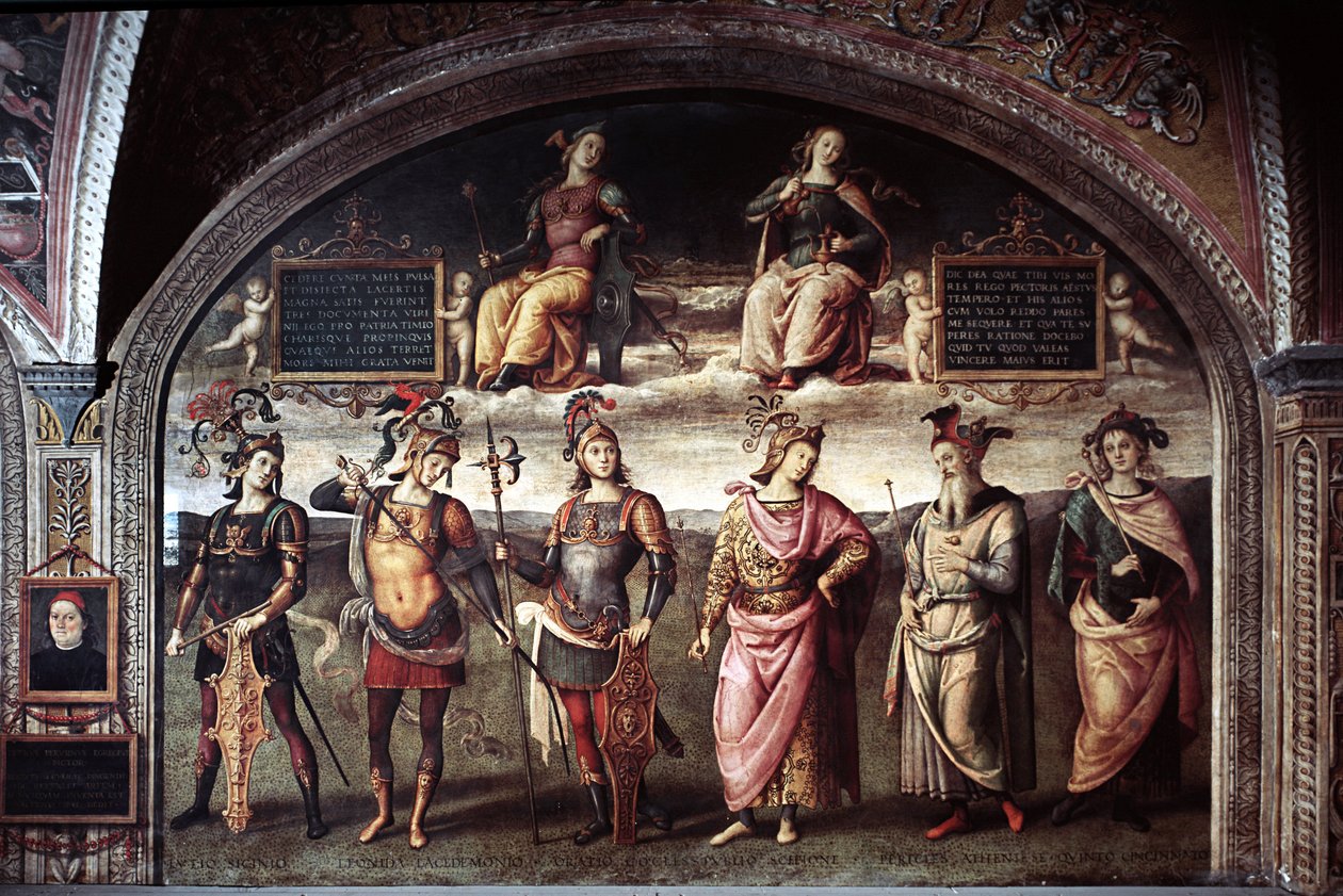 Stärke und Mäßigung mit sechs antiken Helden von Pietro Perugino