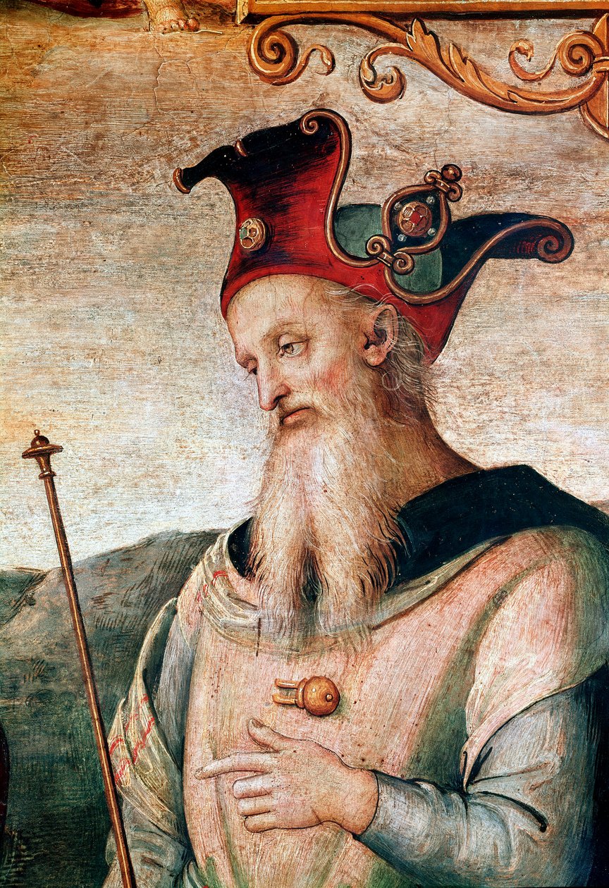 ギリシャの戦略家・政治家のペリクレス（紀元前495～429年） ピエトロ・ヴァヌッチ・ディット・イル・ペルジーノ（ペルジーノ家）のフレスコ画「6人の古代の英雄との強さと節制」の詳細です。 作： ピエトロ・ペルジーノ