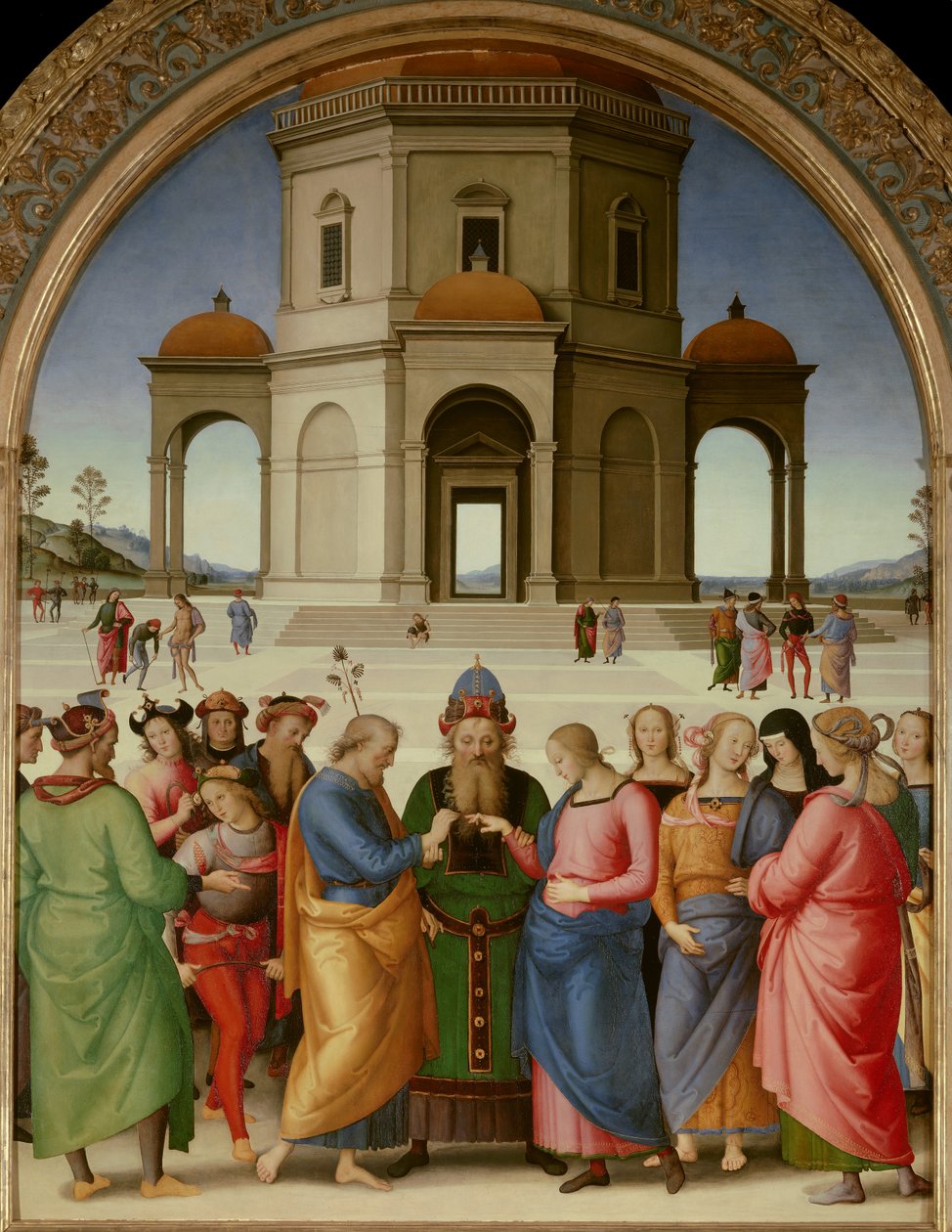 聖母の結婚」 ピエトロ・ヴァヌッチ（イル・ペルジーノ）（1450-1523）の絵画 1504年 Sun.2,36x1,86 m - Caen, museum of Fine Arts - 「聖母の結婚」 イル・ペルジーノと呼ばれるピエトロ・ヴァヌッチ（1450-1523）の絵画、木に油彩（234x18 作： ピエトロ・ペルジーノ