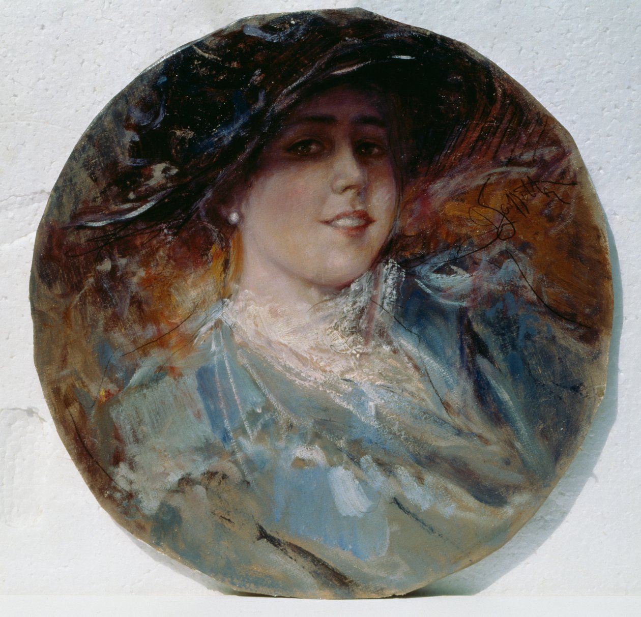 輝く笑顔、ピエトロ・スコペッタ（1863-1920）作、厚紙にキャンバスに油彩、37.5 cm 作： ピエトロスコペッタ
