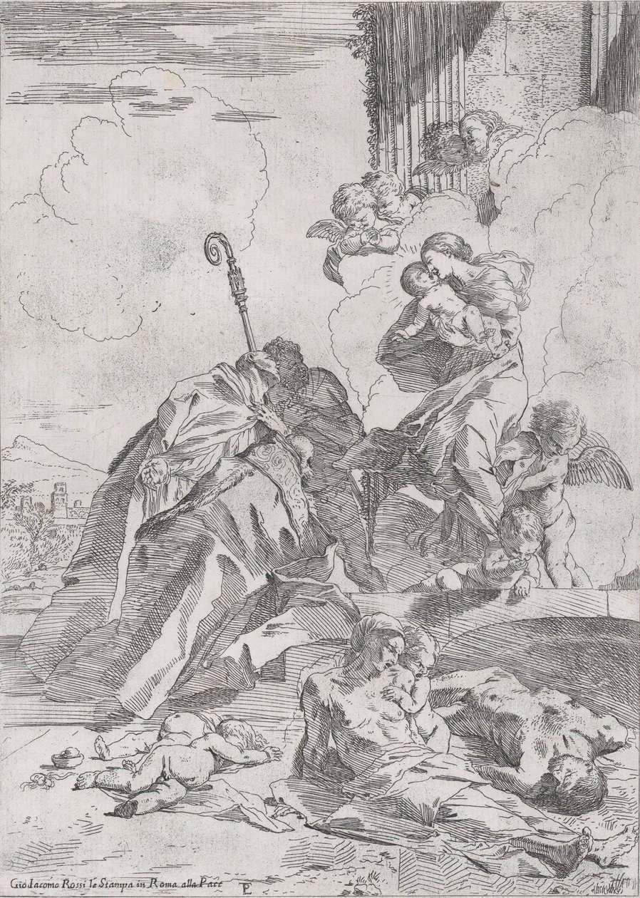 3 人のルッケーゼの聖人聖ニコラス トレンティーノ、バーリのニコラスがとりなしをしている..., ca. 1630-31。 作： ピエトロテスタ