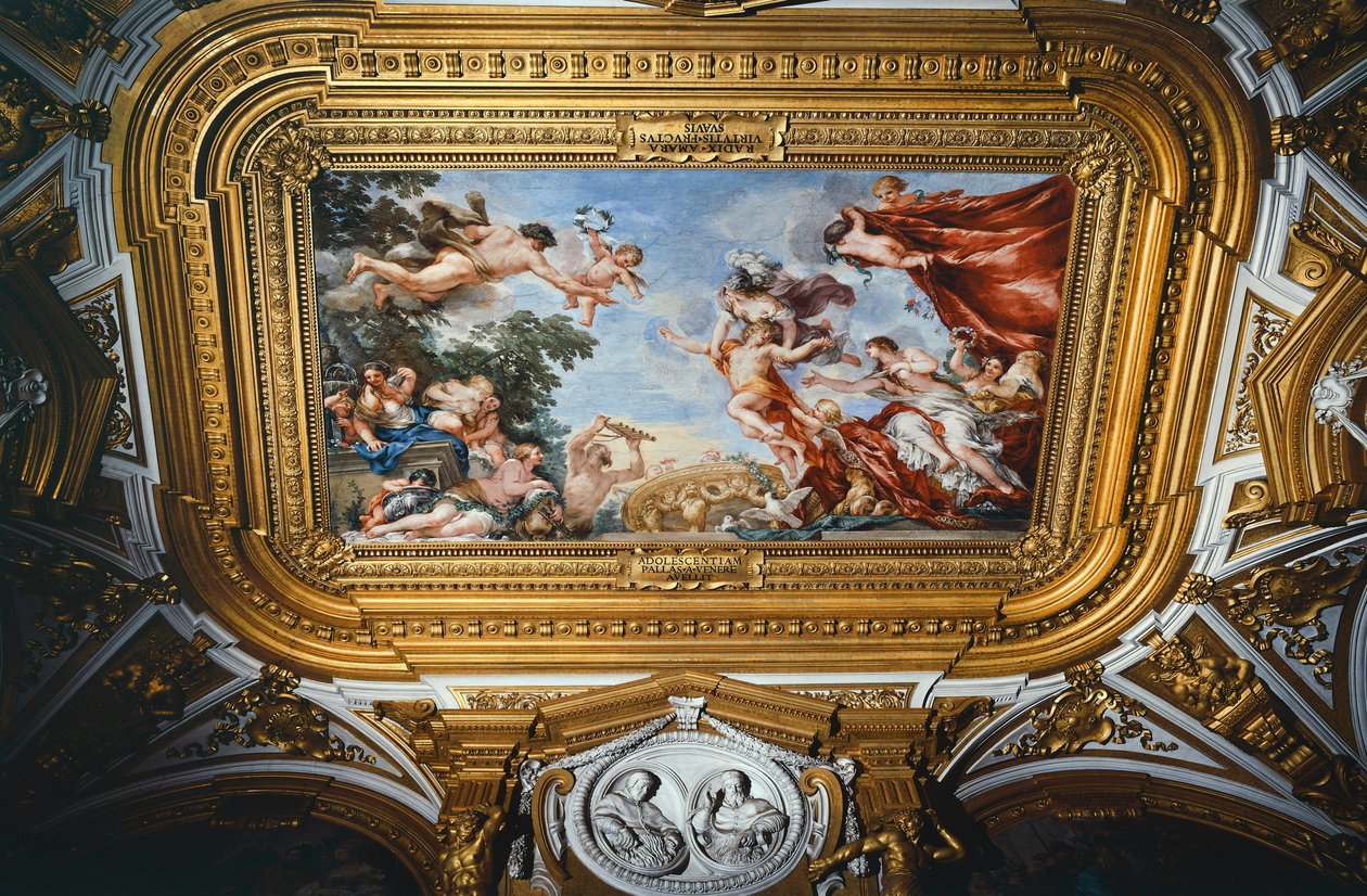 金星、惑星フレスコサイクル、ピエトロ・ダ・コルトーナ作（1596-1669）、フレスコ画、ピッティ宮殿、金星の惑星室、フィレンツェ 作： ピエトロ ダ (1596-1669) コルトーナ