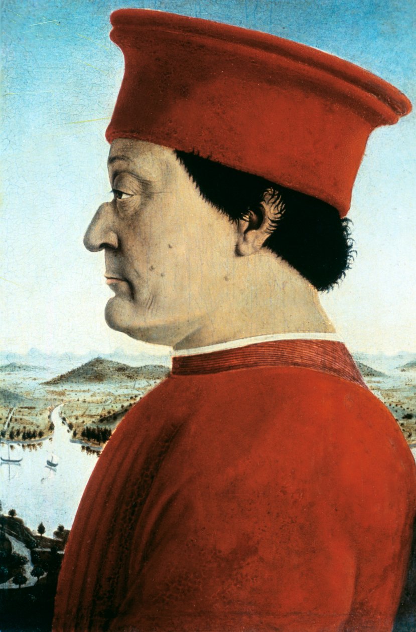 「ウルビーノ公フェデリコ・ダ・モンテフェルトロの肖像」、c1465 作： ピエロデラフランチェスカ
