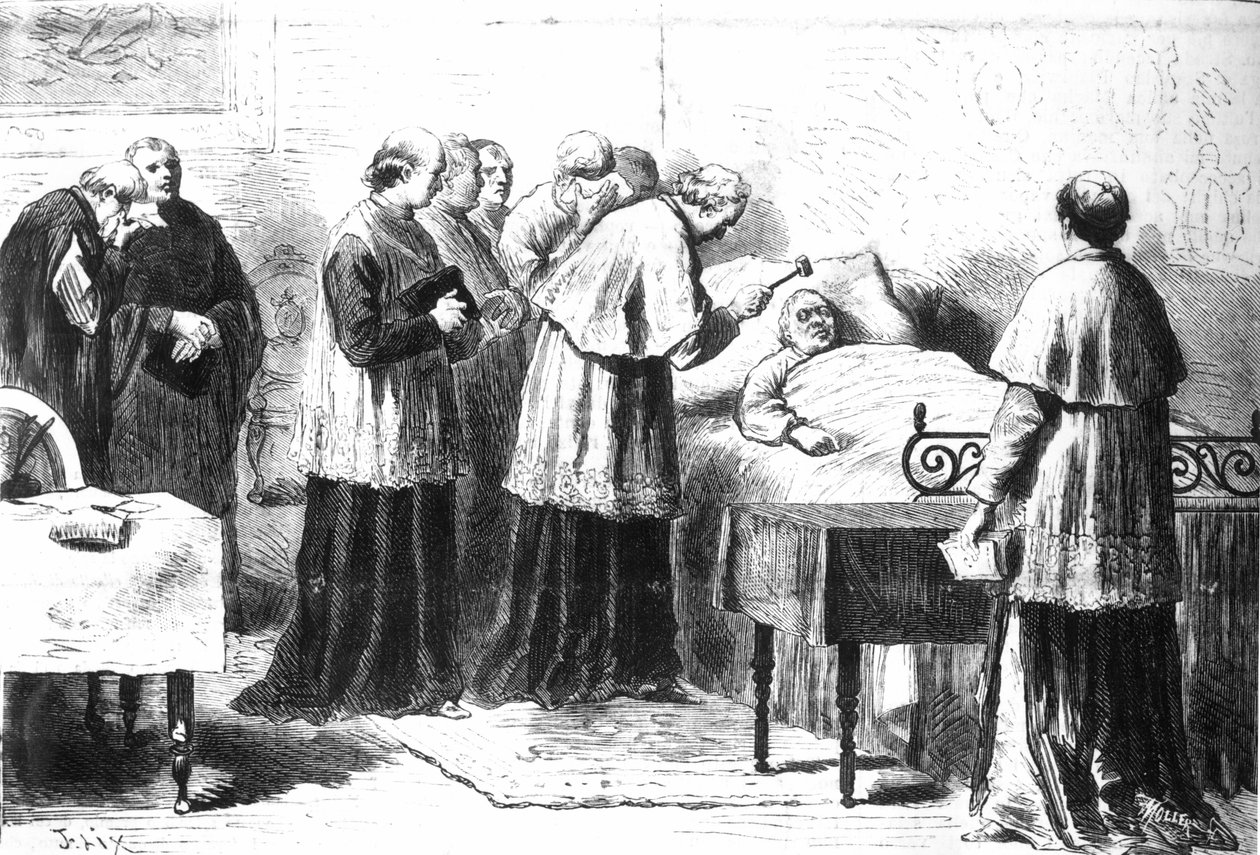 1878年2月24日の「Revista illustrata」からの銀のハンマーによるPius IXの死の確認 作： ピオ・ジョリス