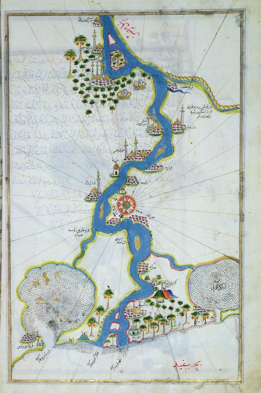 MS W.658 fol.304v Kitab-I Bahriyeのナイル川の地図（紙にテンペラ、金、インク） 作： ピーリー・レイース