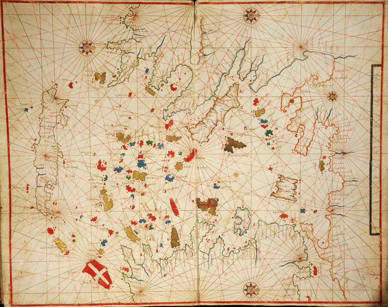 エーゲ海、6 つのチャートからなるポルトラン アトラスから、Placido Caloiro と Francesco Oliva 作、羊皮紙。 1646年。 作： プラシド・カロイロとオリバ