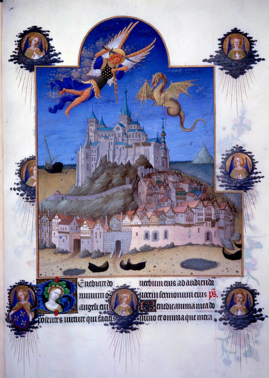 モンサンミッシェル（MontSaintMichel）の眺め：大天使サンミッシェルと竜の翼が空中で戦っている様子が表現されています。ジャック