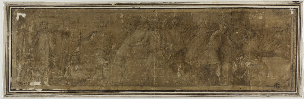 Mucius Scaevola テヴェレ川を渡り、ポルセナを暗殺するつもりだったが、誤って会計係を殺してしまった 作： ポリドロ・ダ・カラヴァッジョ