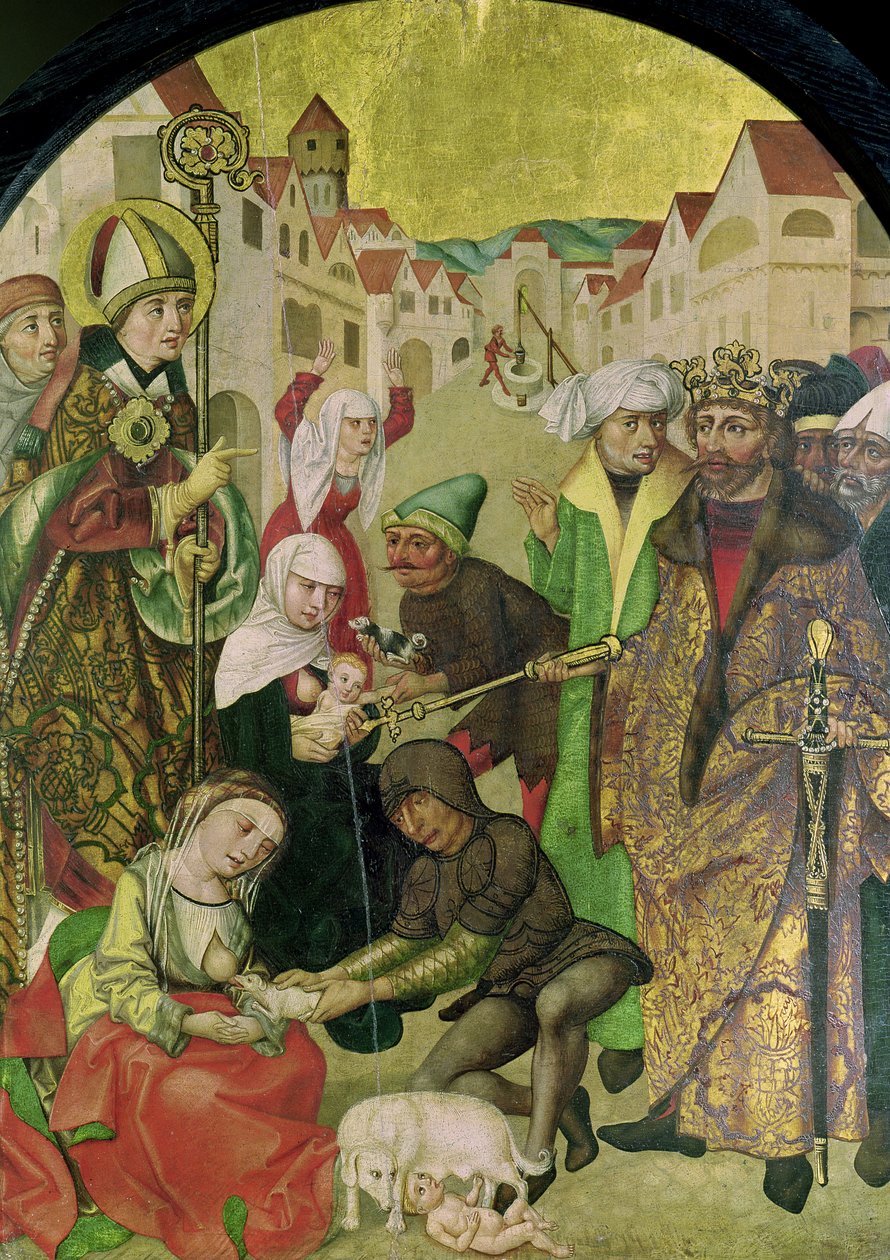 聖スタニスラスの祭壇画からボレスラス2世王（1039-81）の委員会が命じた不誠実な妻たちの罰を見ている聖スタニスラス（1030-79） 作： ポーランド語学校