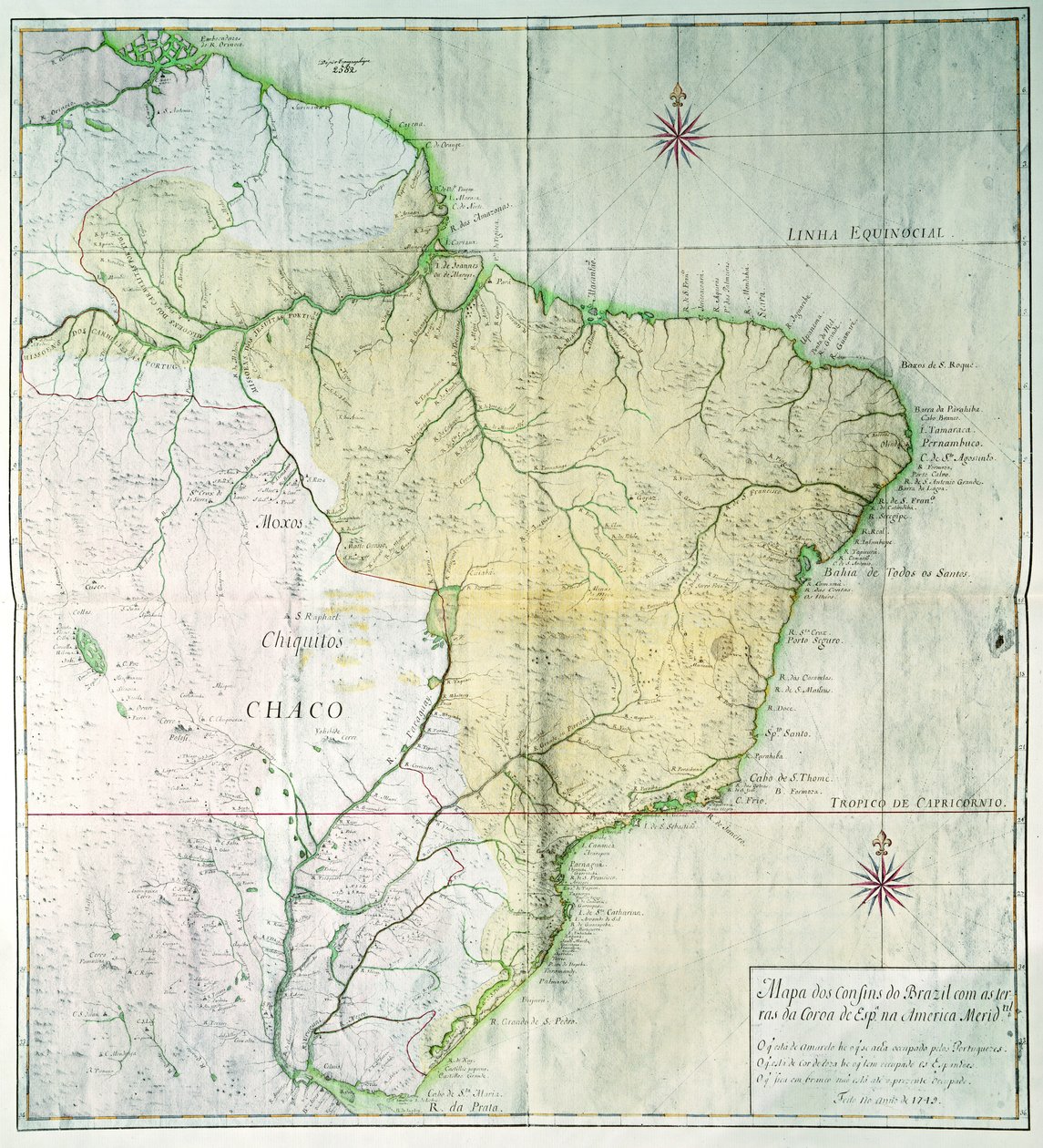 ブラジルの地図、1749年（カラー彫刻） 作： ポルトガル語学校