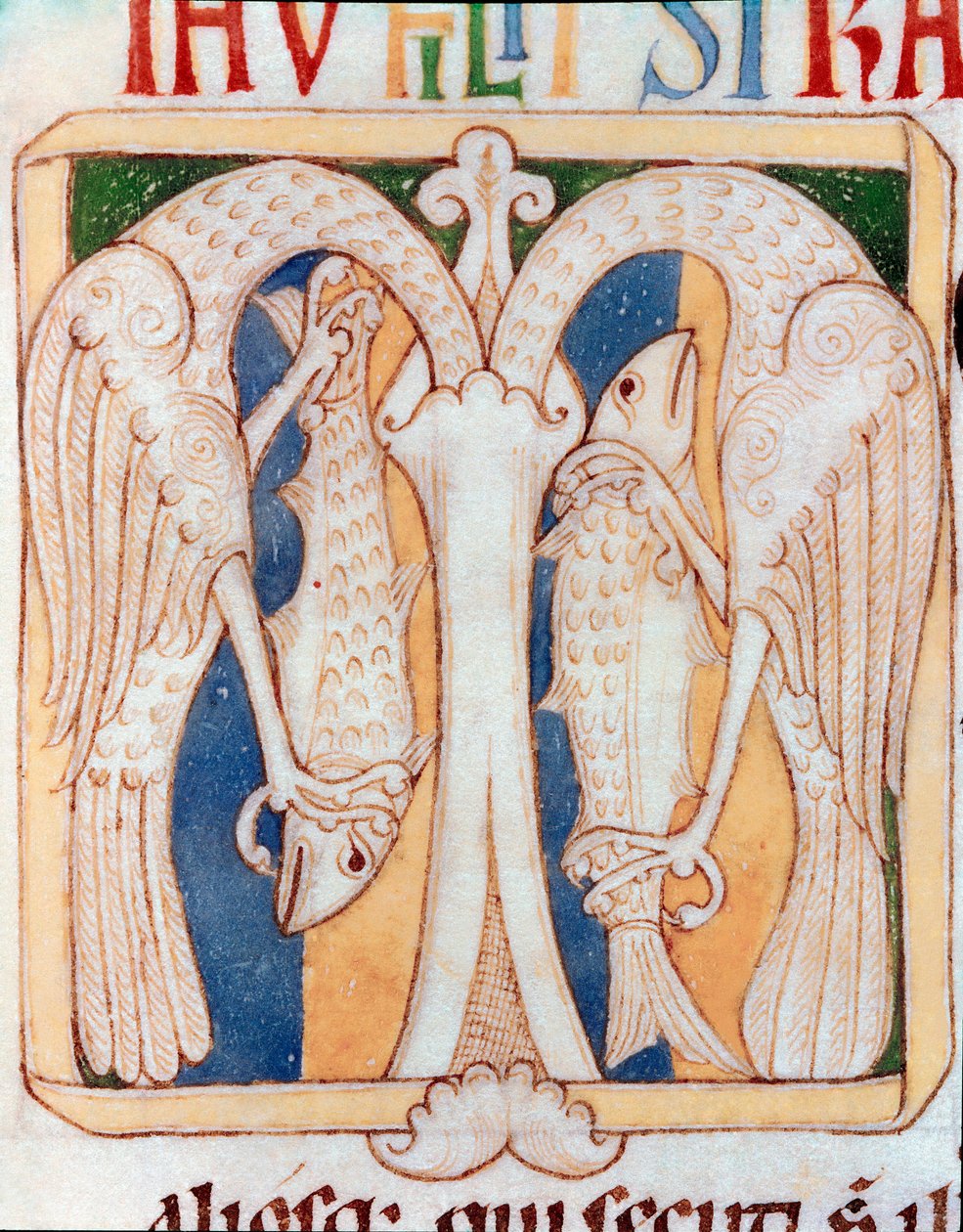 鷺と魚のレターヘッド飾り。サンクタ・クルス・デ・コインブラの写本「Testamentum Vetus」のミニチュア。12世紀ポルト、市立図書館 作： ポルトガル語学校
