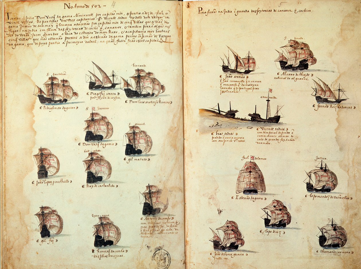 マニュエル1世（1469-1521）の下でのポルトガルの艦隊を表した原稿ページ「Memorials of the armadas of the King Manuel I (1469-1521)」。紀元前1533年 パリ 作： ポルトガル語学校