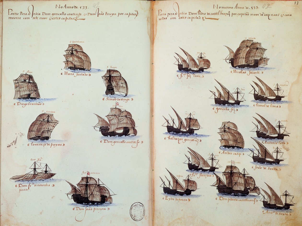 マニュエル1世（1469-1521）の下でのポルトガルの艦隊を表す「Memorials of armadas of the King Manuel I (1469-1521)」の原稿ページ 作： ポルトガル語学校