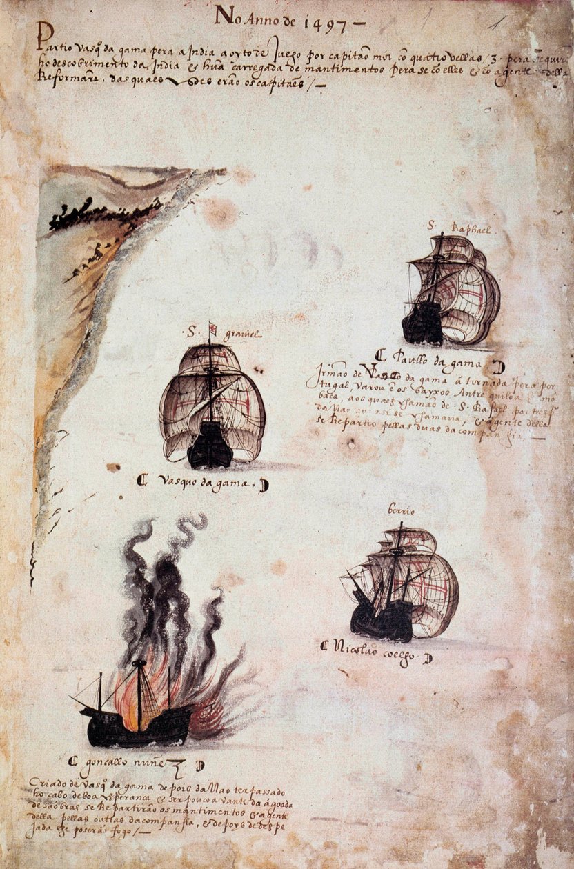 マニュエル1世（1469-1521）の下でのポルトガルの艦隊を表す「Memorials of the armadas of the King Manuel I（1469-1521）」の原稿ページ。B.N.1523年 パリ 作： ポルトガル語学校