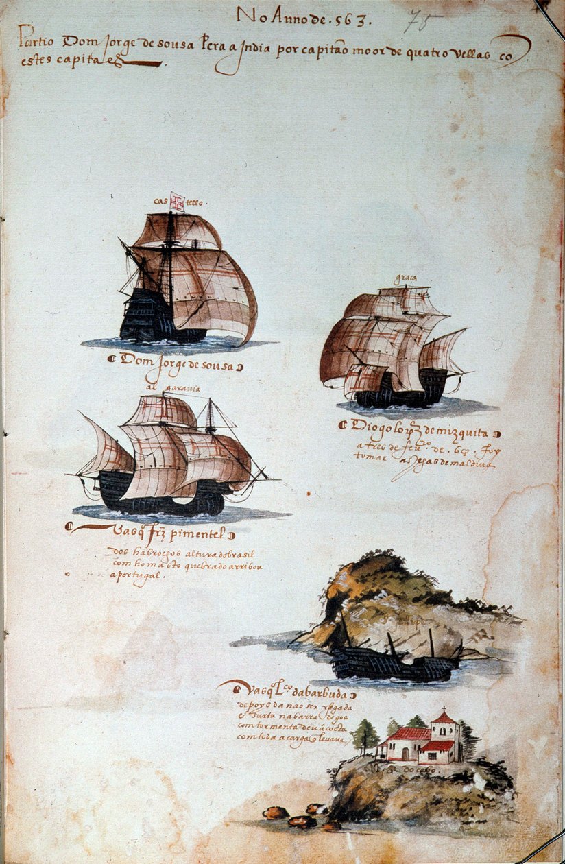 1497年のポルトガルの艦隊を表す「マヌエル1世（1469-1521）の下でのポルトガルの艦隊の記憶」という写本のページ。1500年リスボン、国立古代美術博物館 作： ポルトガル語学校