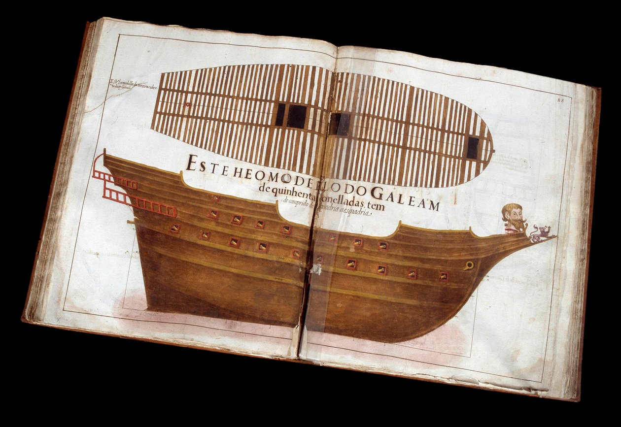 海軍建築：マヌエル・フェルナンデスの建築論文集（Livro de Tracas de Carpintaria）のページ：船の切断 作： ポルトガル語学校