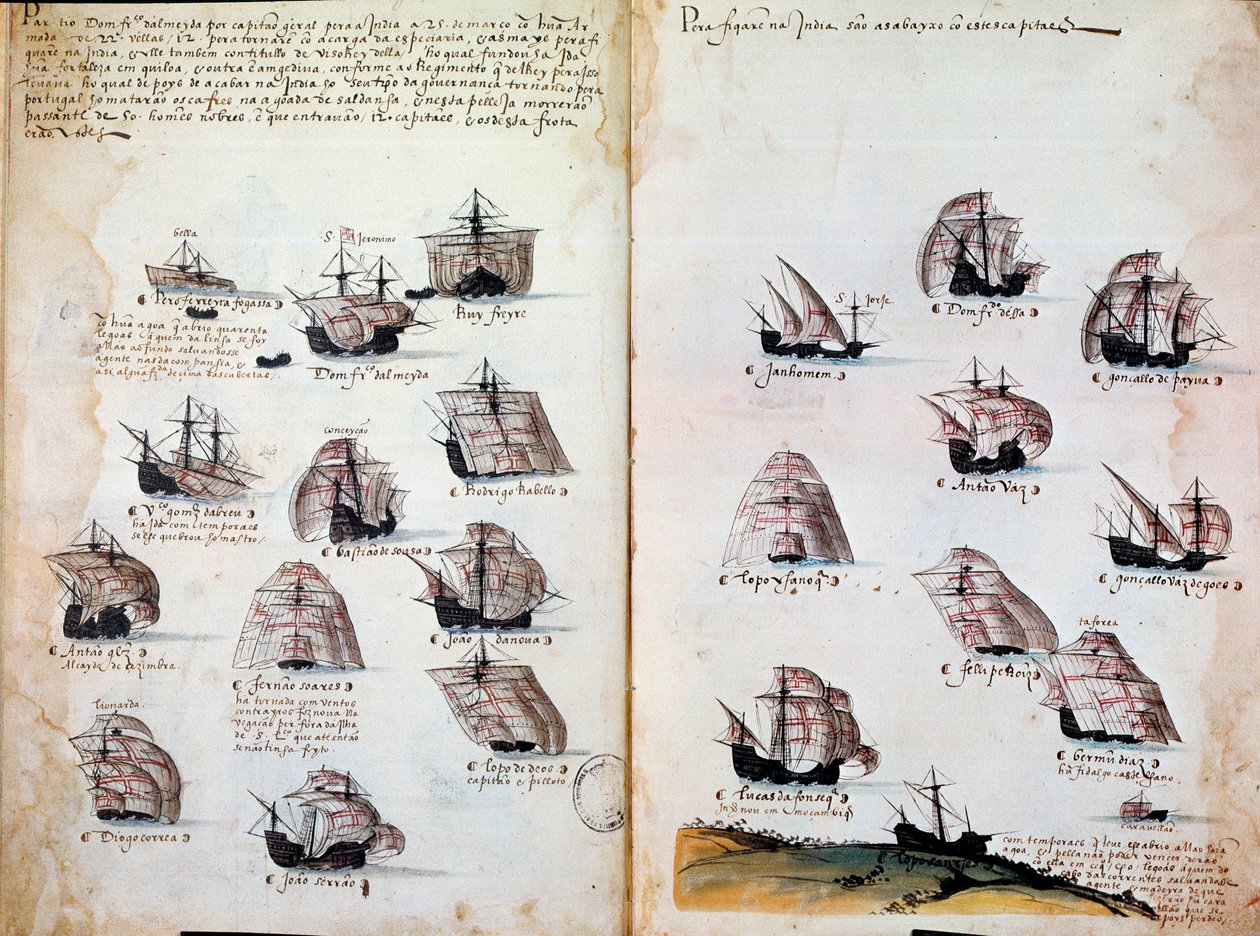 軍艦。マヌエル1世（1469年～1521年）時代のポルトガルの軍隊の記憶。1505年の写本。パリBN 作： ポルトガル語学校