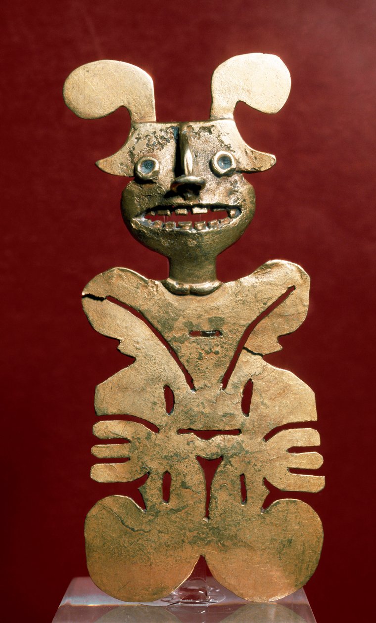 プレコロムビア美術、キンバヤ文明（コロンビア）：金製の擬人化された像。西暦400-1400年。コロンビア、ボゴタ、Museo de Oro 作： プレコロンビアンプレコロンビアン
