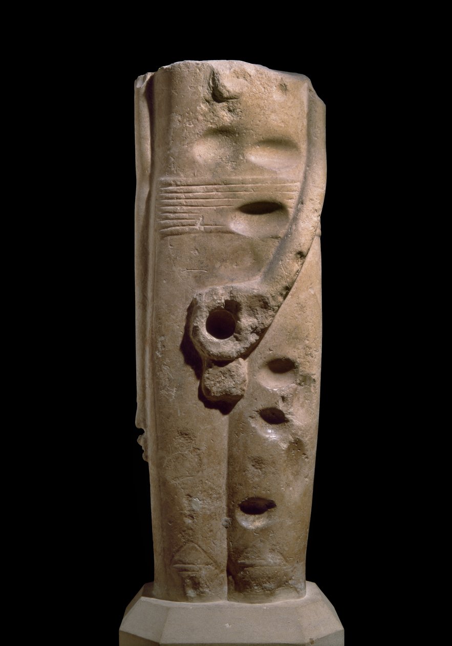 ミン神ヒエラコンポリスの彫刻、おそらく紀元前4000年頃（砂岩） 作： エジプト王朝時代