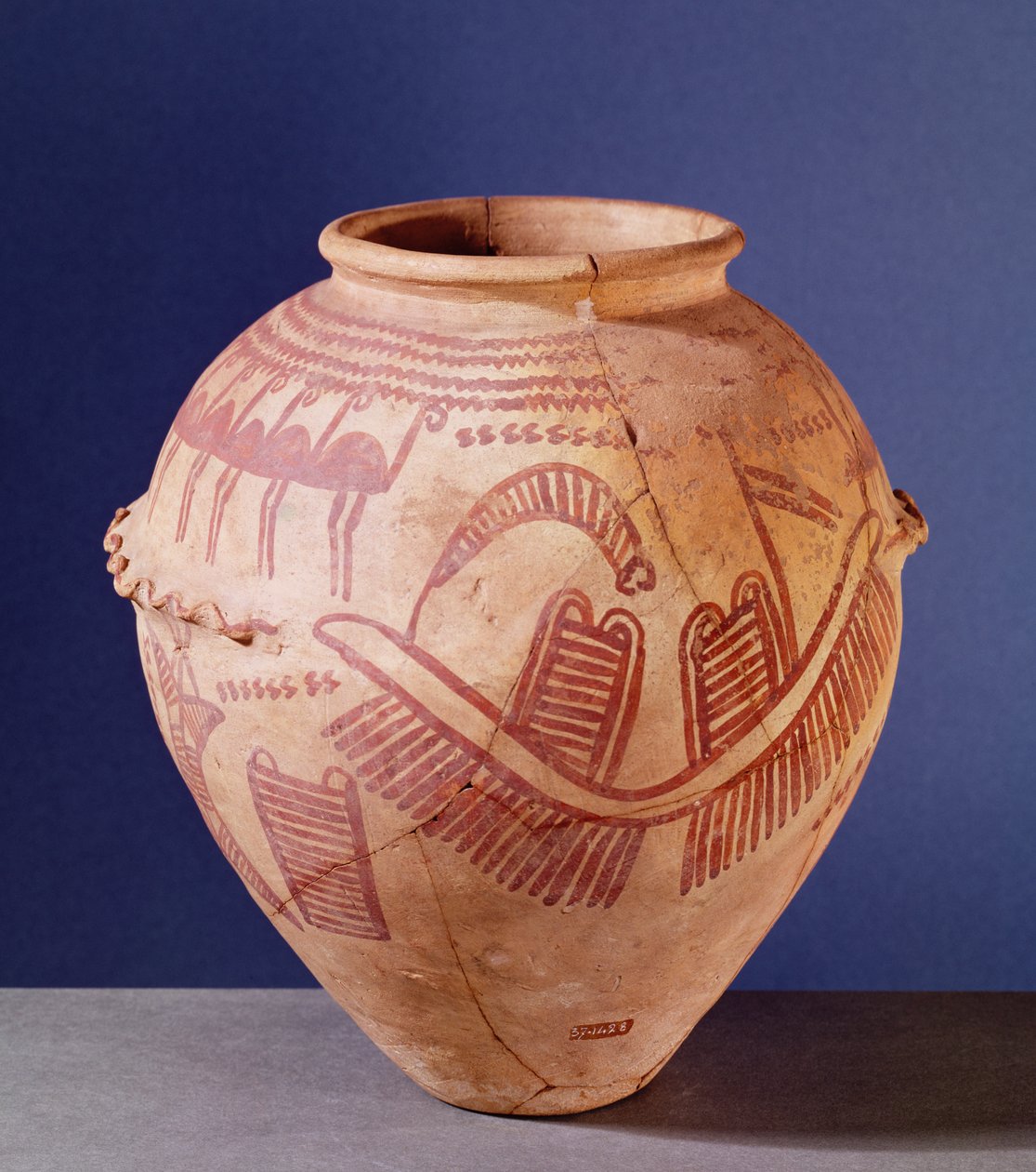 はしけに2つの神社を描いた花瓶、紀元前3500年頃（陶器） 作： エジプト王朝時代