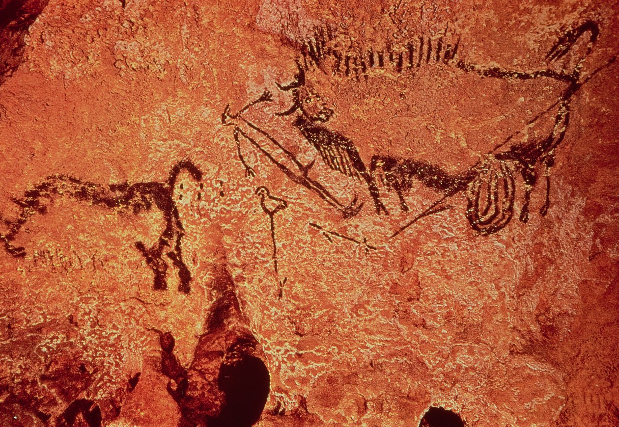狩猟シーンの岩絵、紀元前17000年頃（洞窟絵画） 作： 先史時代