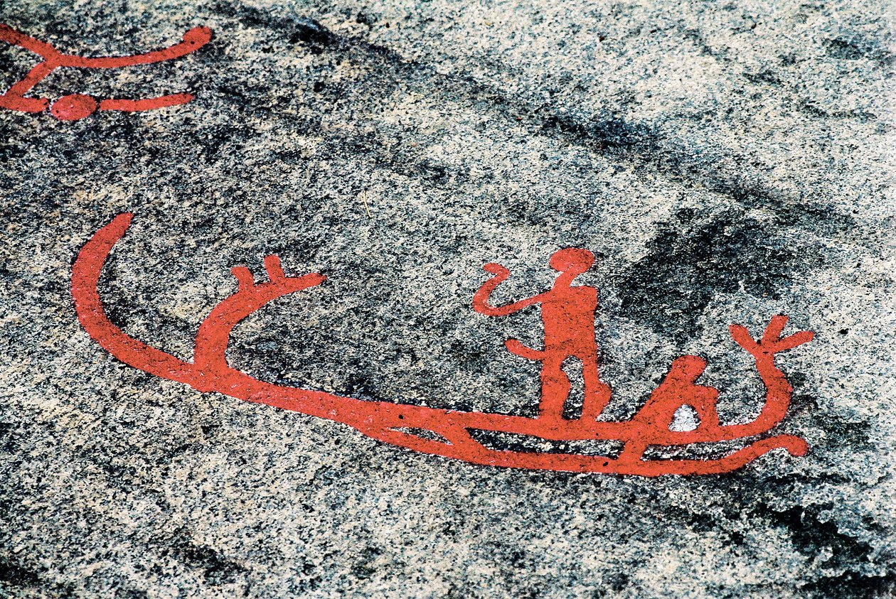 舟に乗った人を表すタヌムのペトログリフ、スウェーデンのリツレビー岩（彫刻石 作： 先史時代先史時代