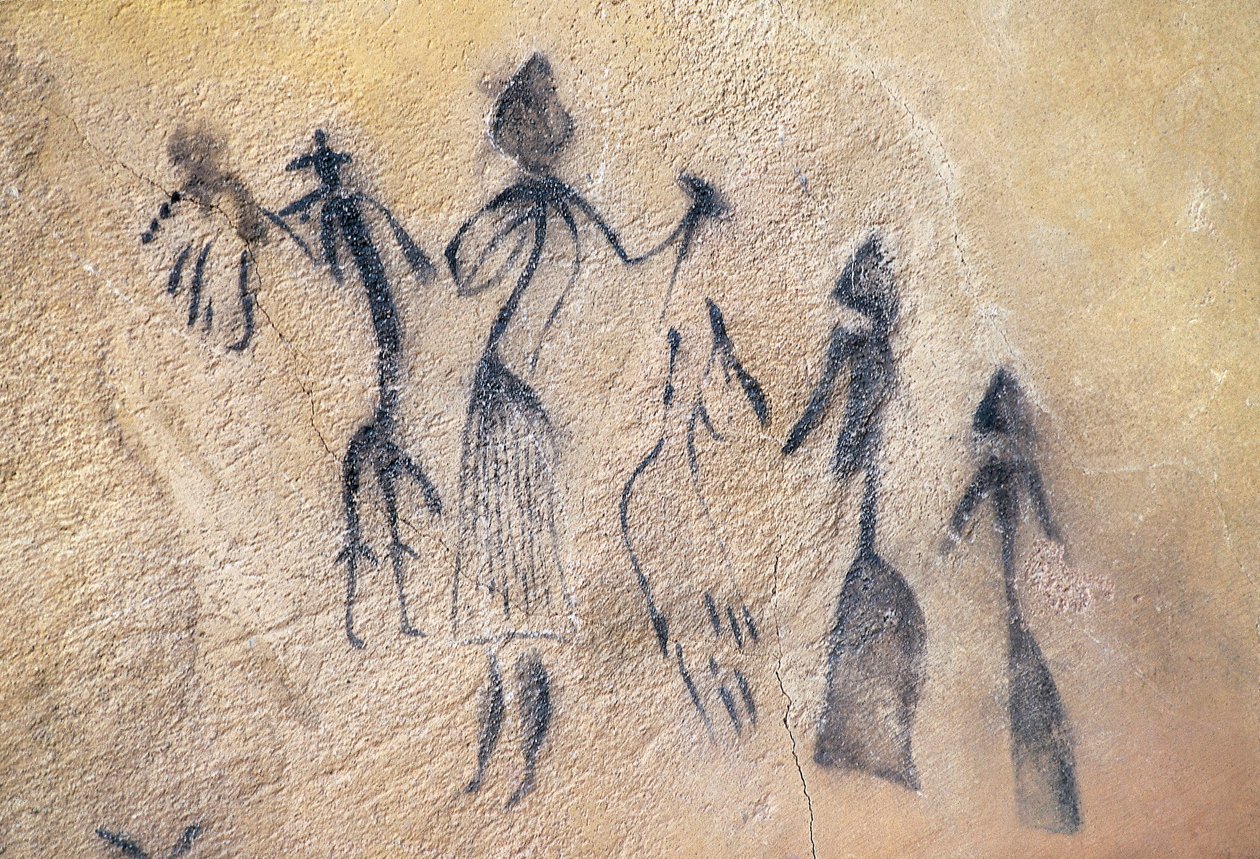 様式化された自然主義タイプのファリック・ダンス、中石器時代の芸術（壁画） 作： 先史時代先史時代