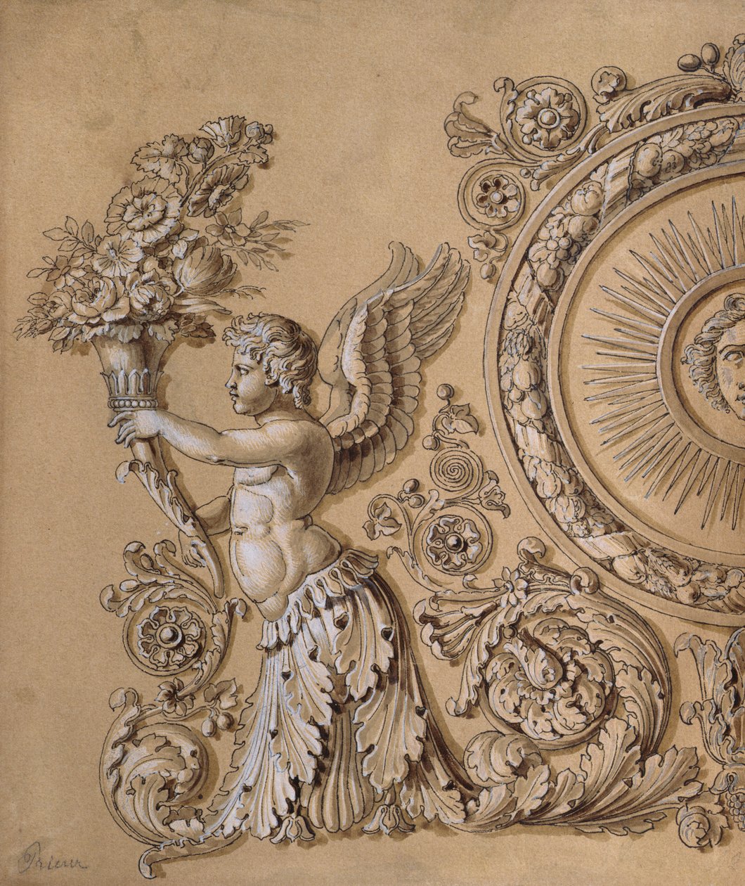 アカンサスの葉のケルビムを描いた銀細工のデザイン、c.1800（紙の上にペンとインクと白を使って色を濃くしたもの） 作： プリュール