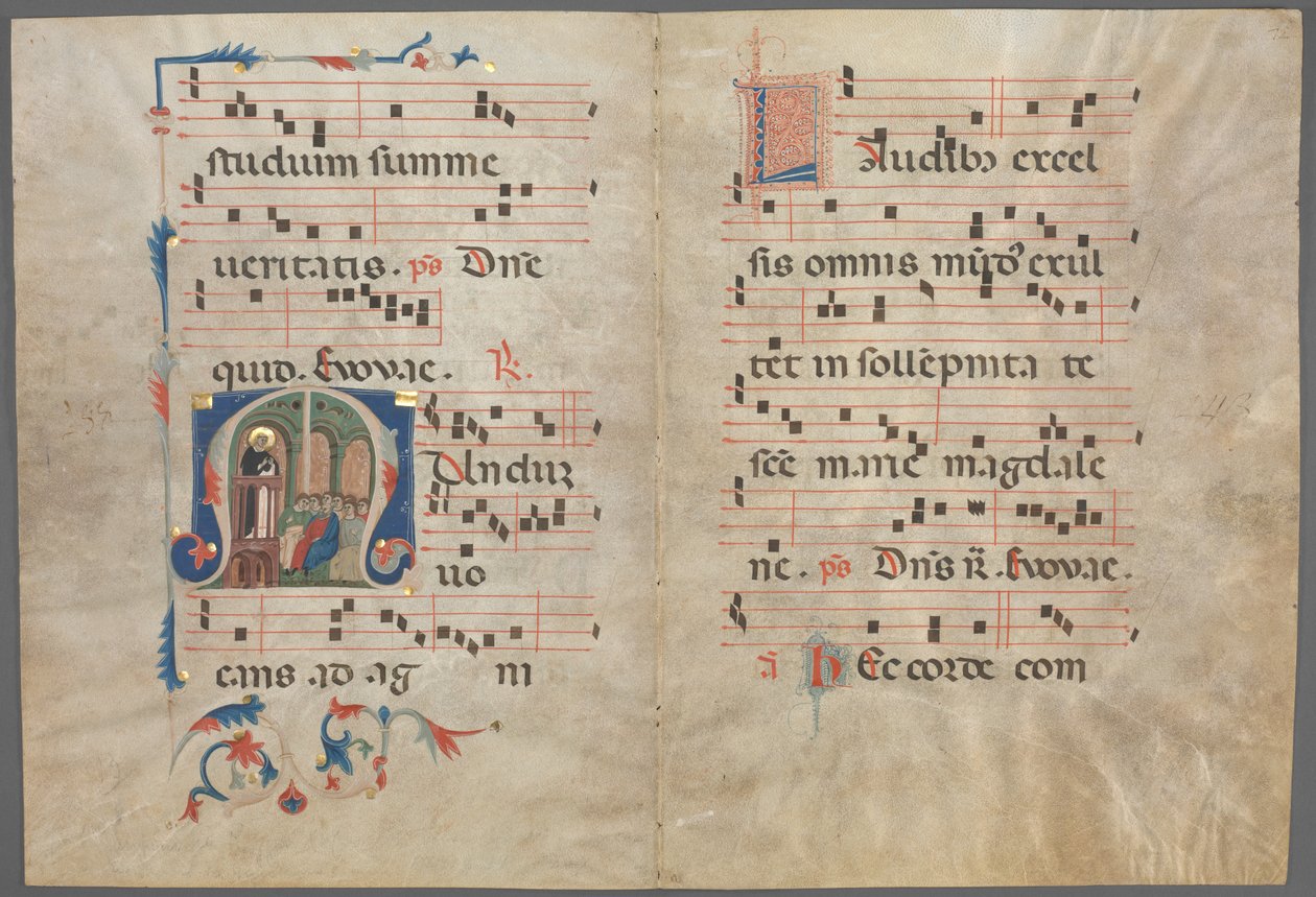 アンティフォナリーのバイフォリウム: イニシャル M と聖ドミニコの説教、c. 1320-1340。 作： Primo Miniatore di San Domenico