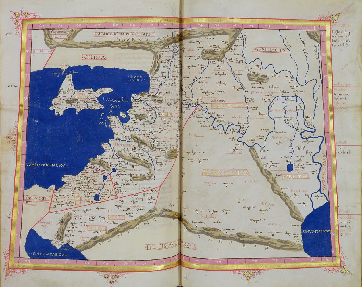 Ms Lat 463 f.111v-112rフェニキア、メソポタミア、バビロンの地図 作： プトレミー