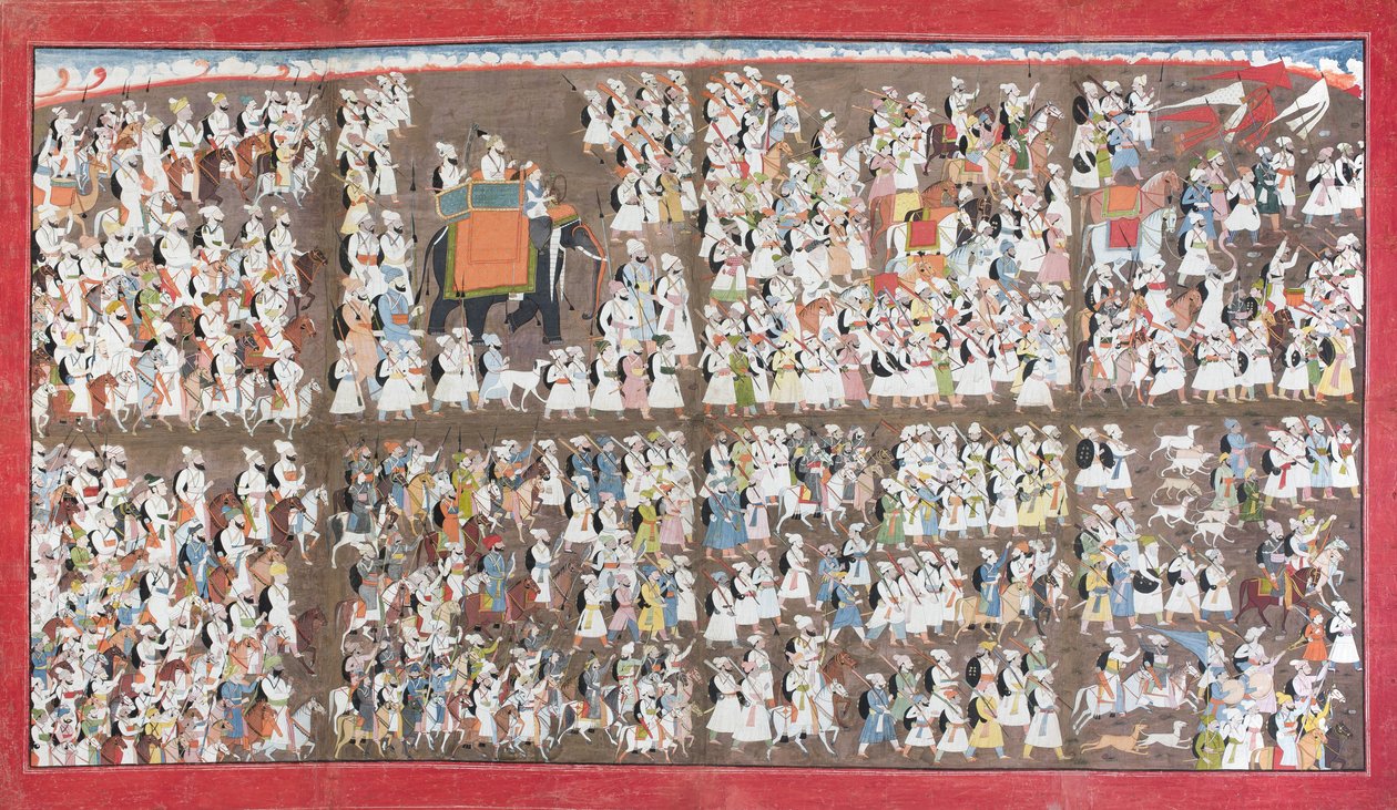 サンサーチャンドは象に座り、徒歩と馬に乗って軍に囲まれていました。1790年頃（紙には不透明なトイレ） 作： プルク