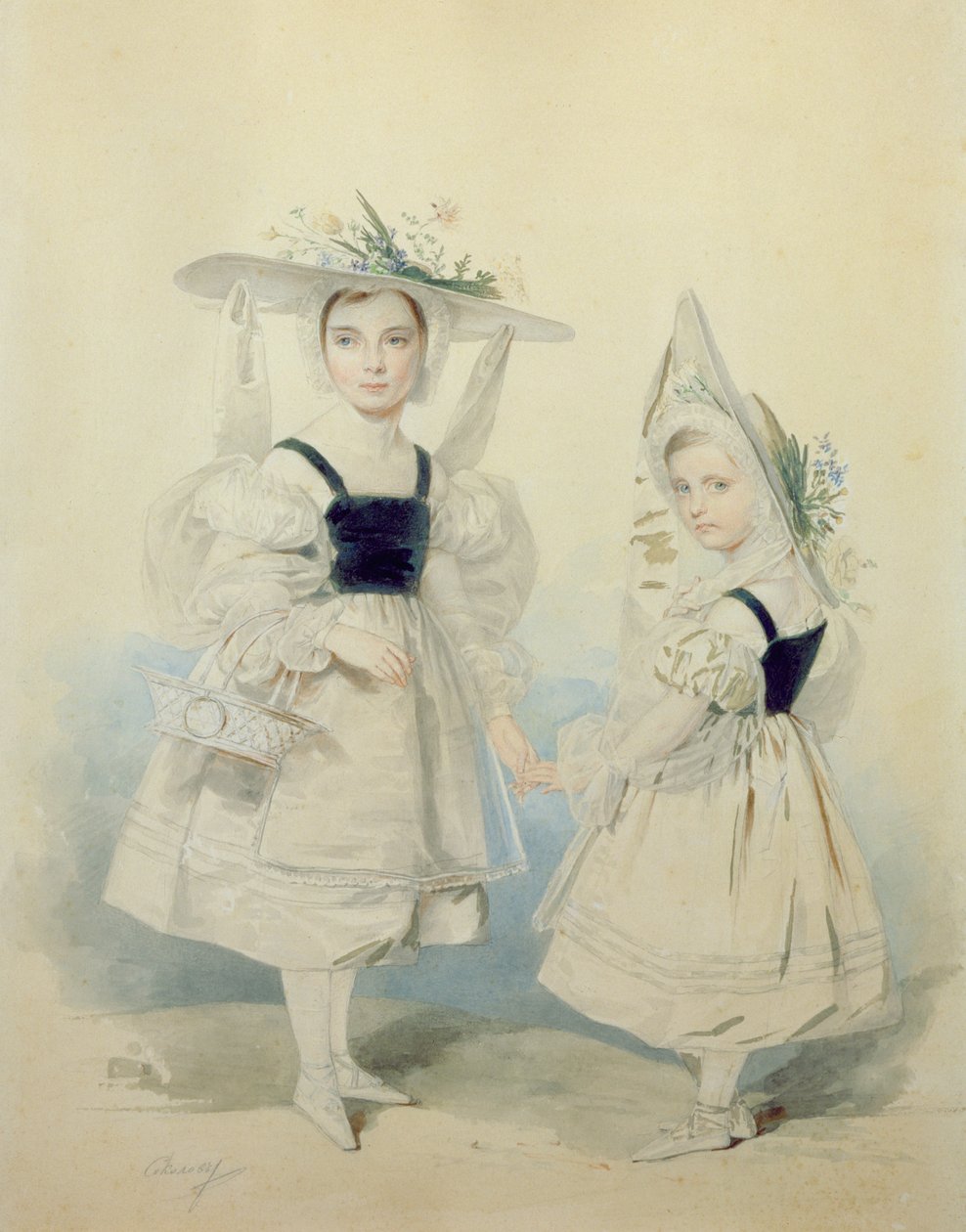 派手なドレスを着たオルガ王女とアレクサンドラ王女の肖像、1830年代 作： Pyotr Fyodorovich Sokolov