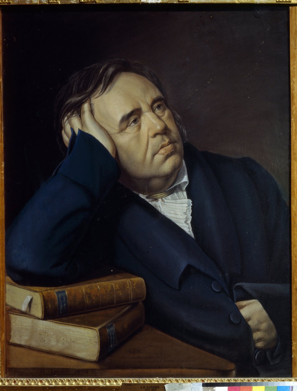 fabulist Ivan A. Krylov (1769-1844) の肖像 (fabulist I.A. Krylov の肖像)。 Pyotr Alexeevich Olenin (1828-1855) の作品、紙にパステル 作： Pyotr Alexeevich Olenin