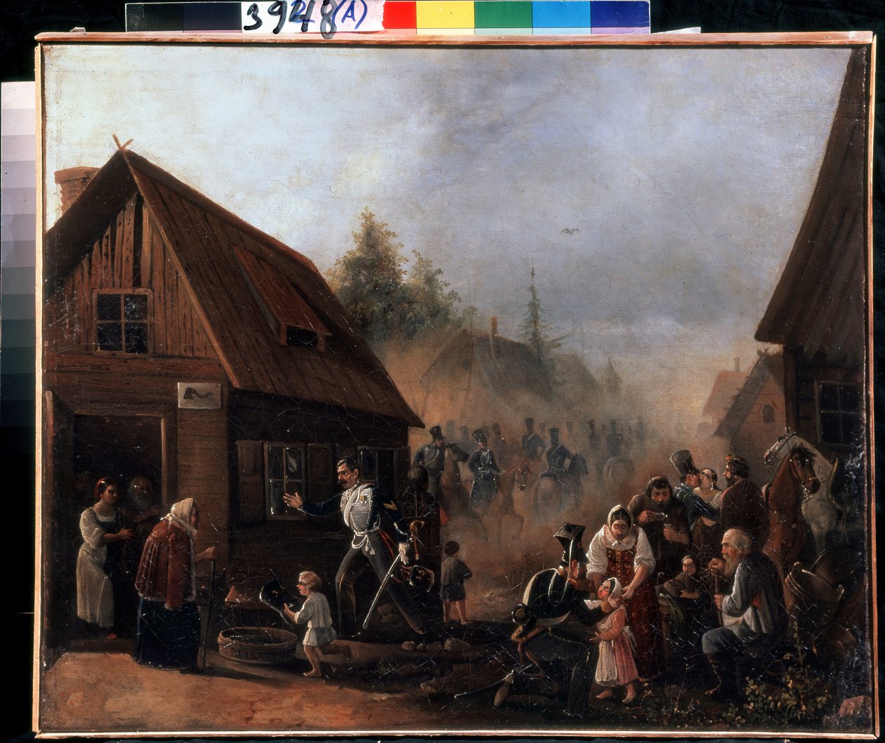 1812年のロシア・フランス戦争の場面 (Scene of the Russian French War in 1812). Pyotr Ilyich Baykov (1817-?) による絵画。 キャンバスに油彩、45.3 x 55.5 cm 作： ピョートル・バイコフ