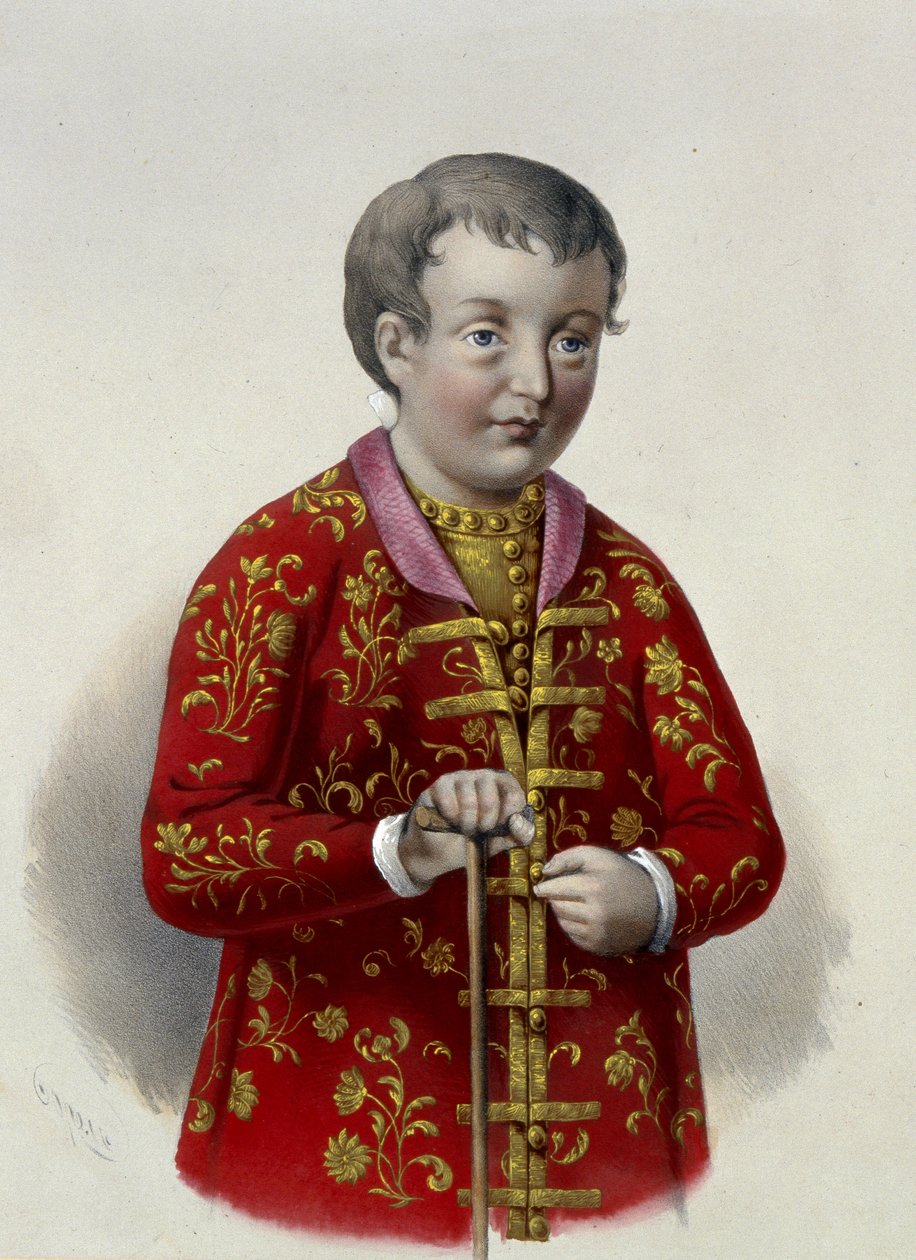 ロシアの大公シメオン アレクセイエビッチ (1665-1669) (ロシアのツァレビッチ シメオン アレクセイエビッチ)。 ピョートル フョードロヴィッチ ボレル (1829-1898) の作品、1860 年頃のリトグラフ。19 世紀のロシア美術、新古典主義。 ロシア国立図書館、モスクワ。 作： ピョートル・フョードロヴィッチ・ボレル