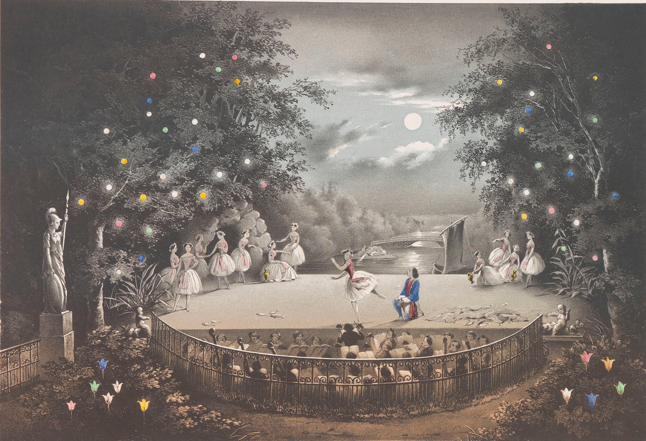 1851年にペテルゴフ公園にあるピンクパビリオンでのC.プニーによるバレエナイアッドとフィッシャーマン。 作： ピョートル・フョードロヴィッチ・ボレル