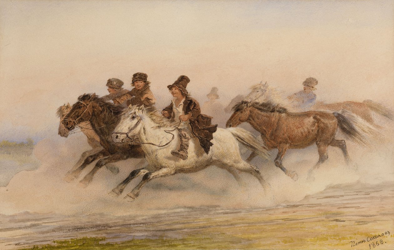 ナイトウォッチ。 I.ツルゲーネフによるハンターのアルバムからのスケッチのイラスト、1867 作： ピョートル・ペトロヴィッチ・ソコロフ