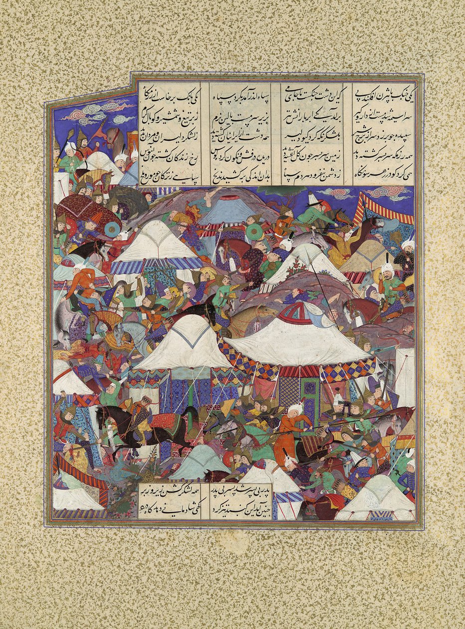 夜に襲われた取り憑かれたイランのキャンプ、シャーナマからのフォリオ241r...、ca。 1525-30。 作： カディミ