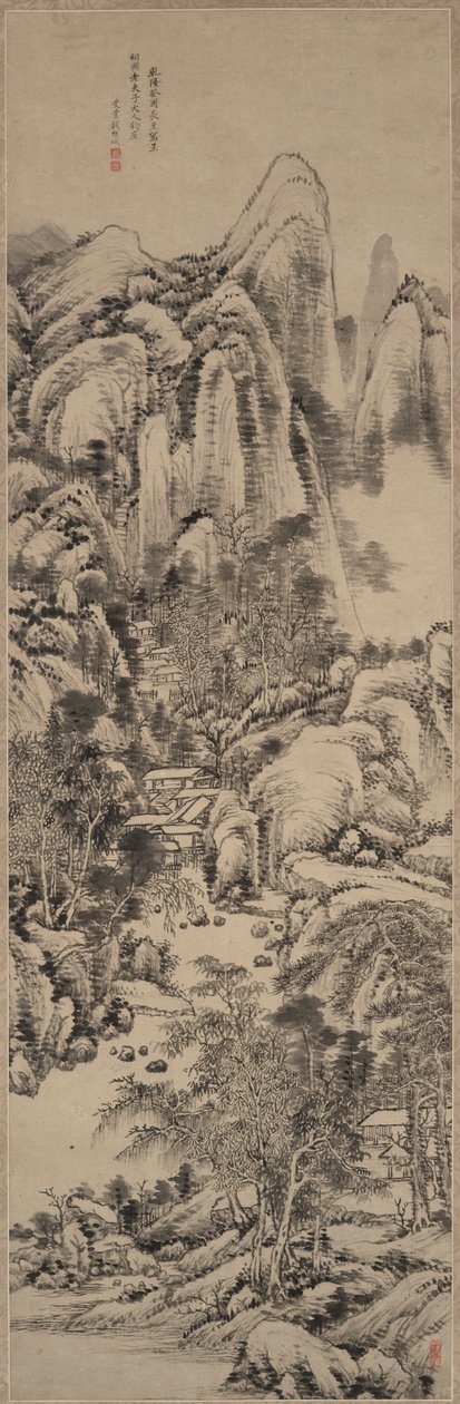 中国古美術・黄公望款・山水風景図・三尺絹本・掛軸・純手描き・文房置物・水彩水墨画 黄公望風山水図 | Qian Weicheng