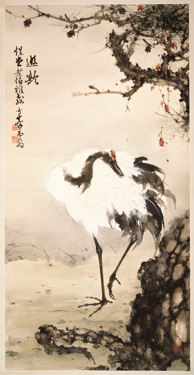 松の木の下のクレーン（紙に掛軸、インク、色） 作： Qifeng Gao