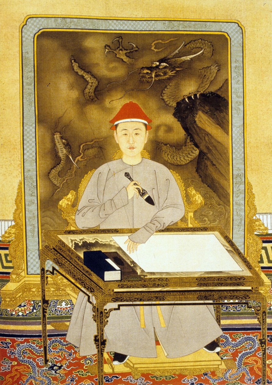 Heng Tsu または Kangxi、彼のライティング デスクで中国の皇帝 作： 清朝康熙時代中国学校