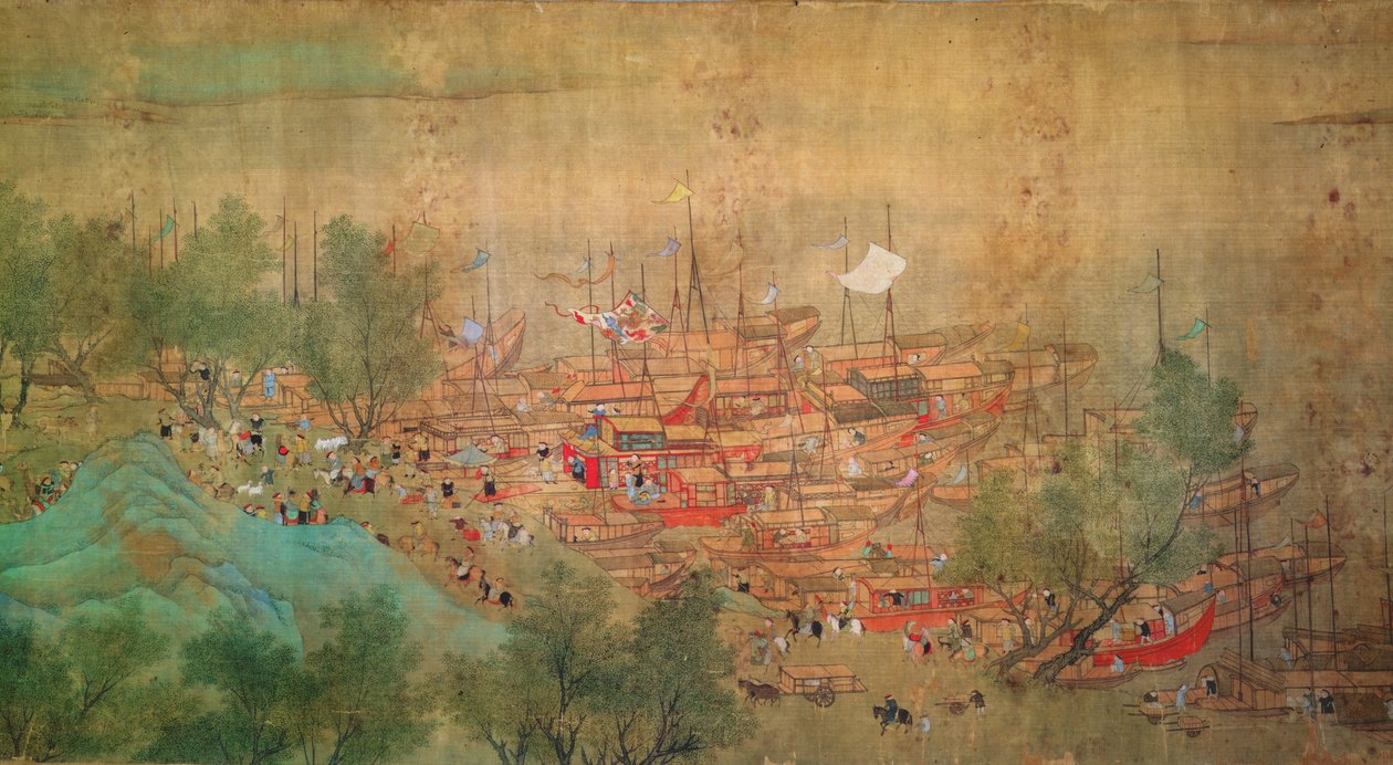 Chaio Ping Chen (1661-1722) の後、1699 年に康熙帝が江漢を訪れた (絹の裏紙にインクとカラー) 作： 清王朝の中国語学校