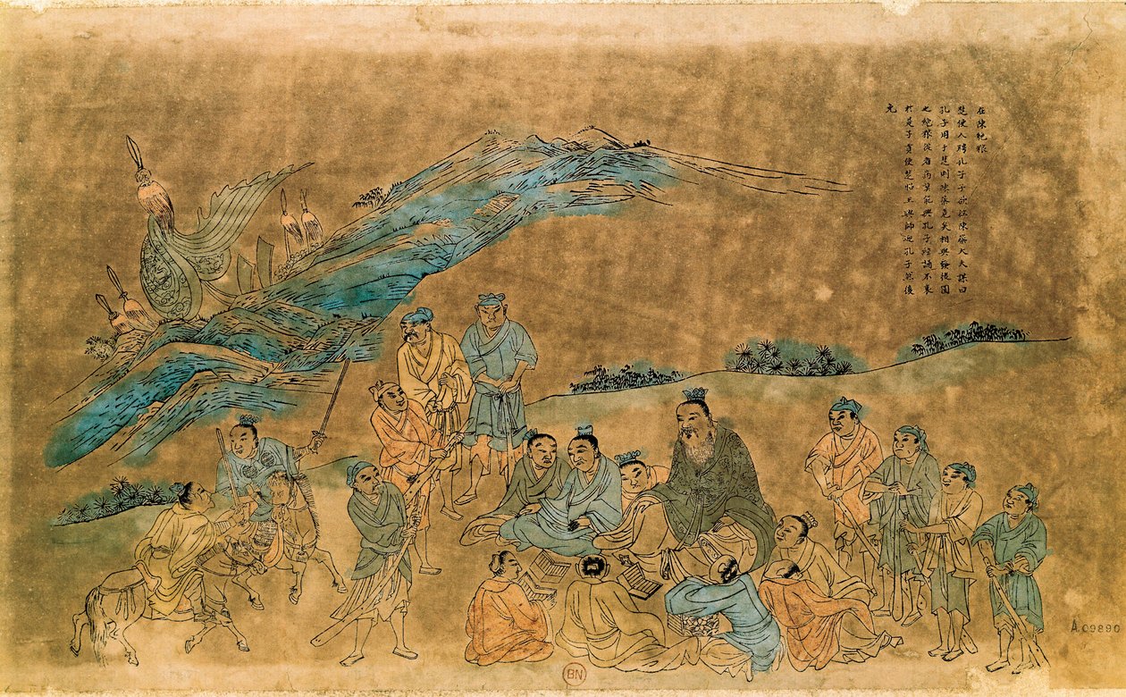 弟子を囲む孔子（孔甫子）（紀元前551～479年）（水彩画 作： 清王朝の中国語学校
