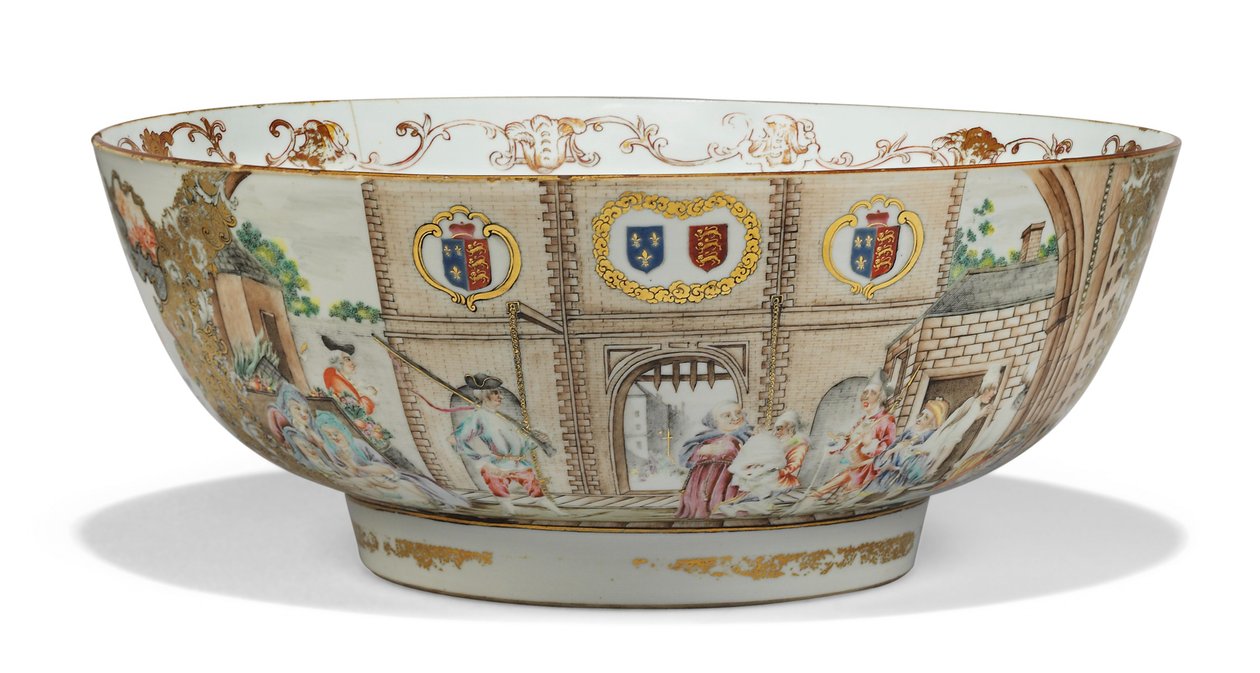 「カレーの門」パンチボウル、c.1750-55（磁器） 作： 清王朝-銭龍時代の中国の学校